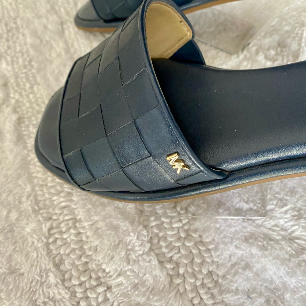 Michael Kors Hayworth Dark Blue Woven Slide Sandals.